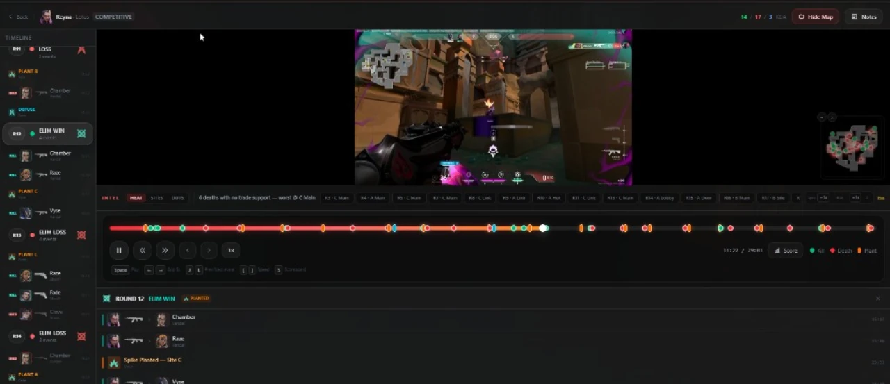 UpForge match review — round timeline, Intel callouts, and VOD sync